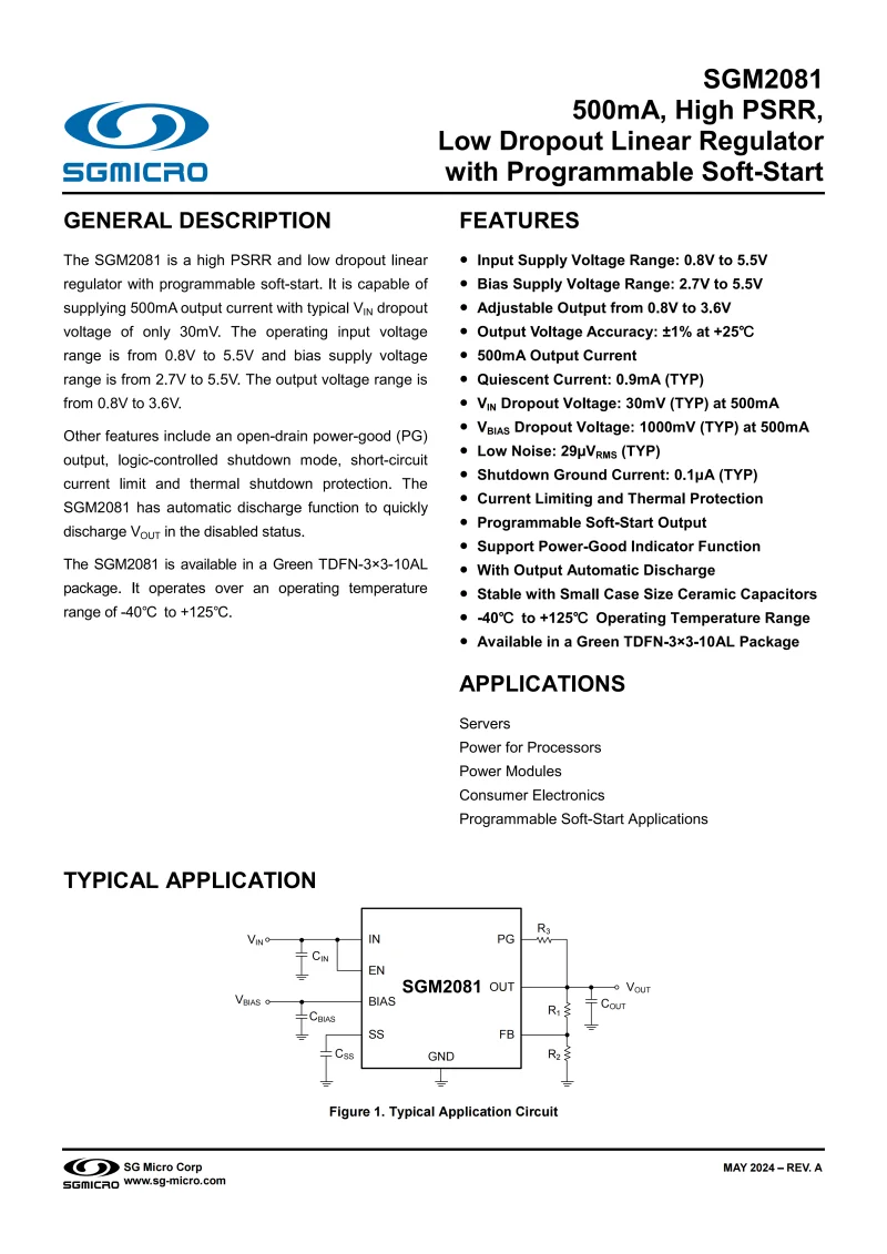 10Pcs/Lot SGM2081XTGZ10G/TR TDFN-10,SGM 2081GZ,LDO 500mA,High PSRR,Low Dropout Linear Regulator with Programmable Soft-Start