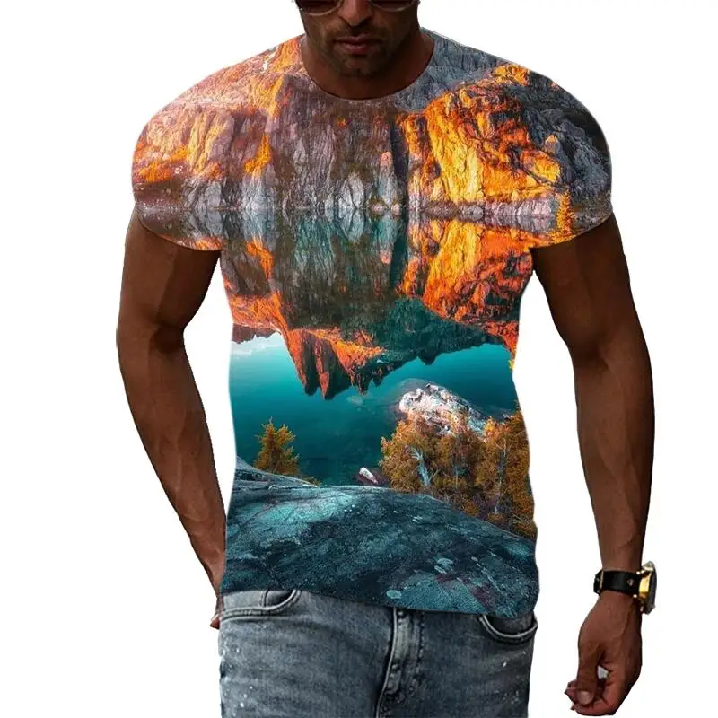 Summer Leisure Mountains And Fields Pattern  Men's T-shirt Hip Hop 3D Print Personality  Rod Neck Short Sleeve  Fashion Clothes