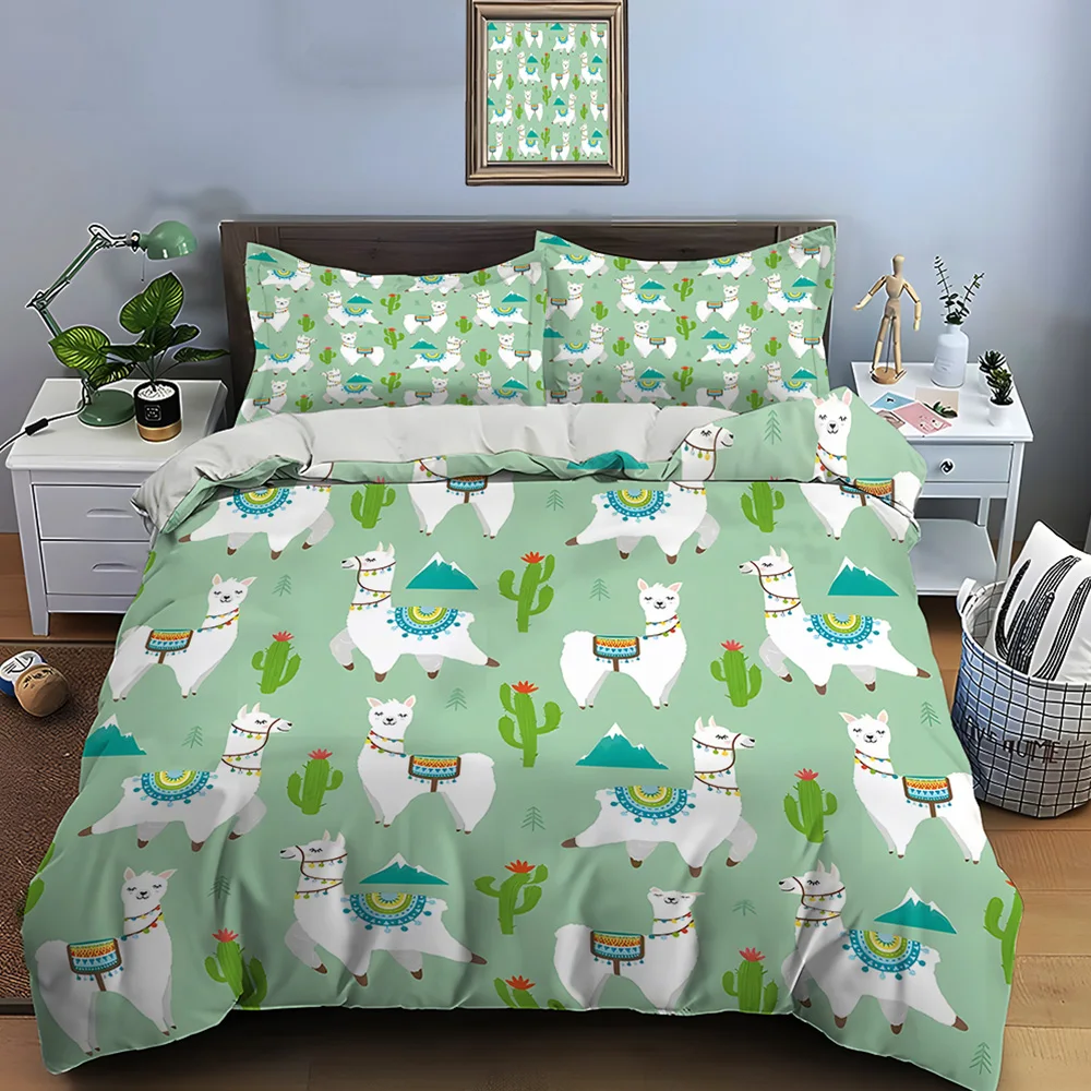 Cute llamas and cactus background Pattern Duvet Cover Set Digital Print Polyester Bedding with Zipper Closur for kids gifts