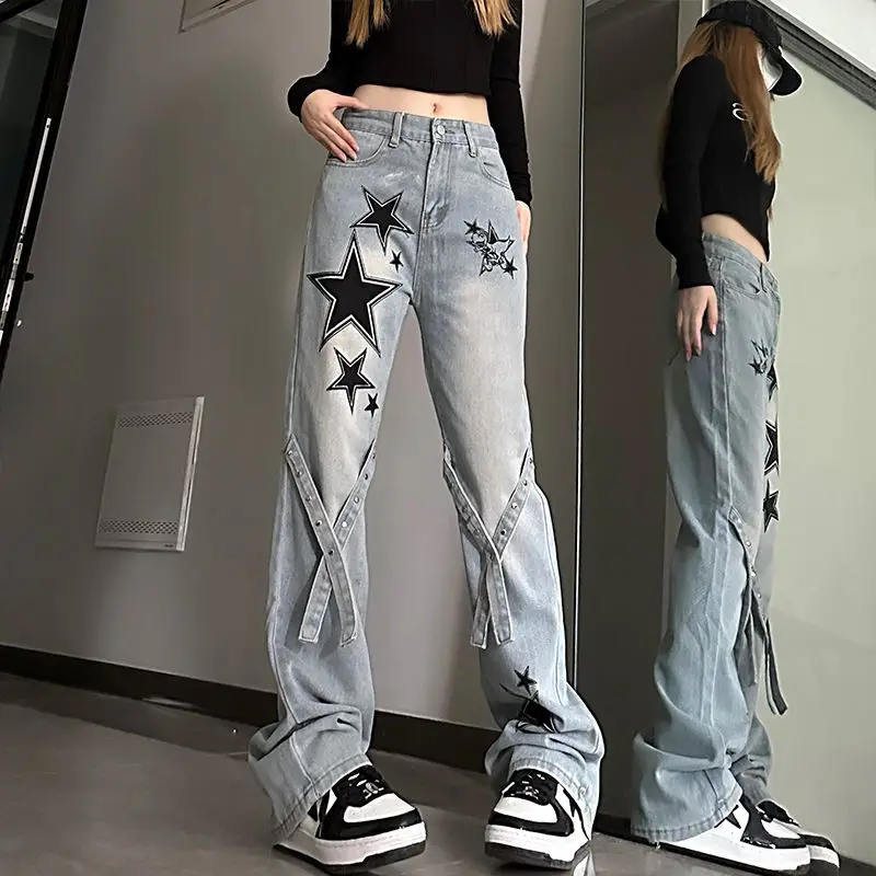 Denim Pants for Women High Waist Shot Star Bell Bottom Trousers Hippie Black Womens Jeans Cool Aesthetic Retro Fashion Casual Z