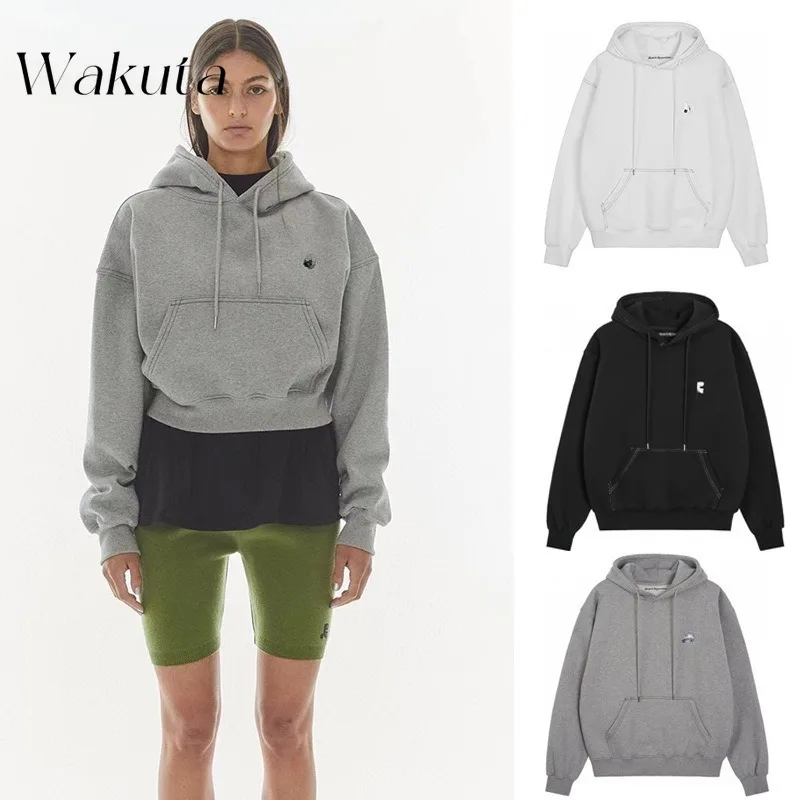 WAKUTA Korean Retro RR Printed Hooded Sweatshirts Fashion Ins Loose Solid Padded Pullover Fall/Winter Coats Versatile コダック ポケモン