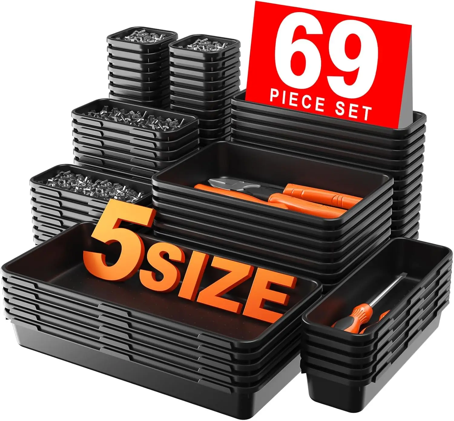 

69-Piece Tool Box Organizer Set with 5 Sizes, Black Drawer Trays for Garage and Home Storage