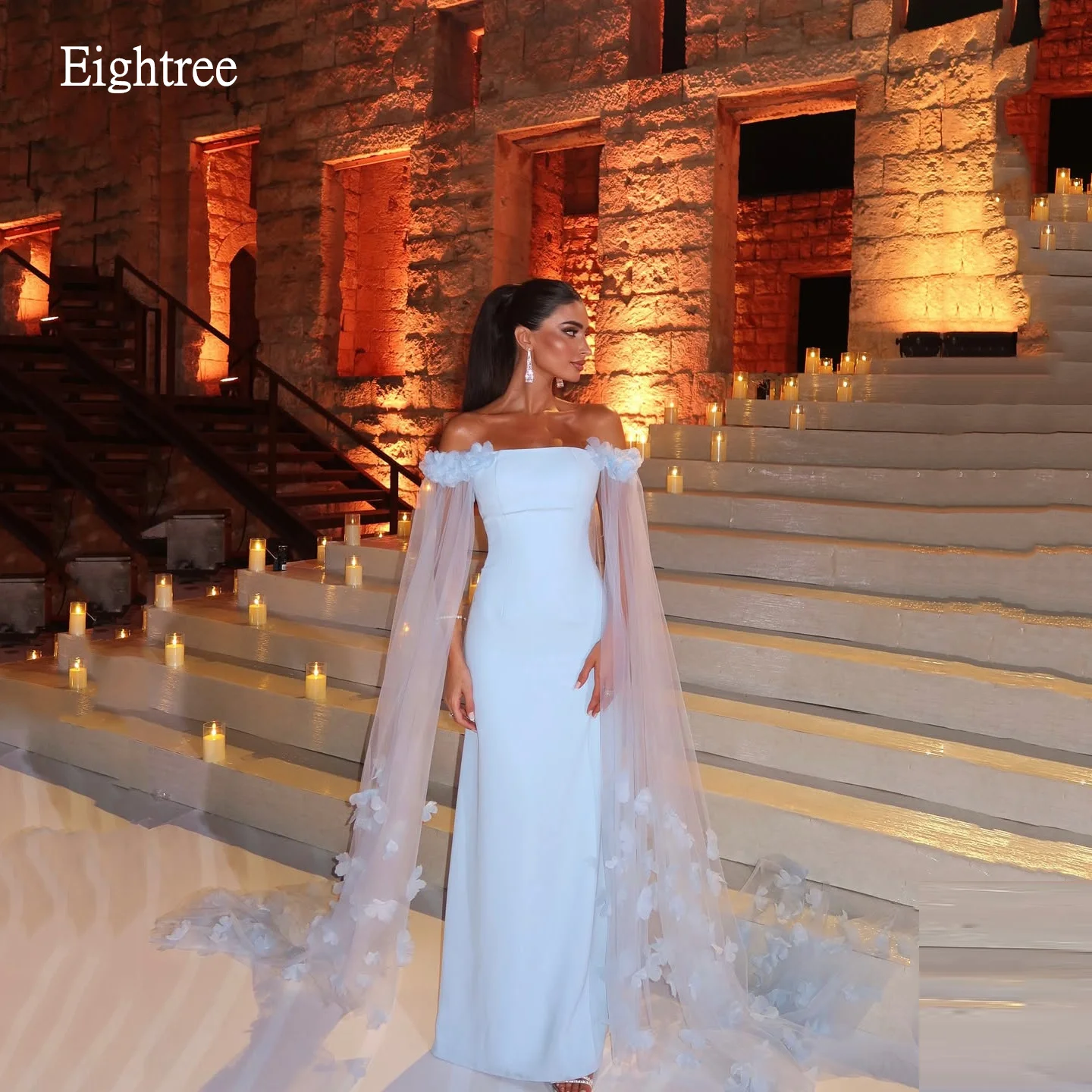 

Eightree Elegant Sky Blue Off The Shoulder Mermaid Prom Gowns Flowers Cap Evening Dress Floor Length Party Dresses Customized