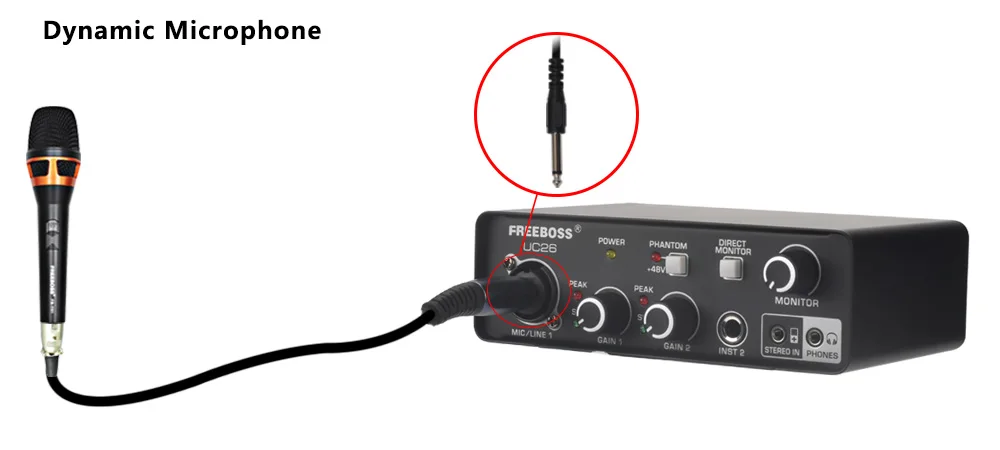 FREEBOSS Stereo Recording Audio Interface Guitar ASIO4ALL 3 Channels Input Monitor 48V External Usb Sound Card for Studio UC26