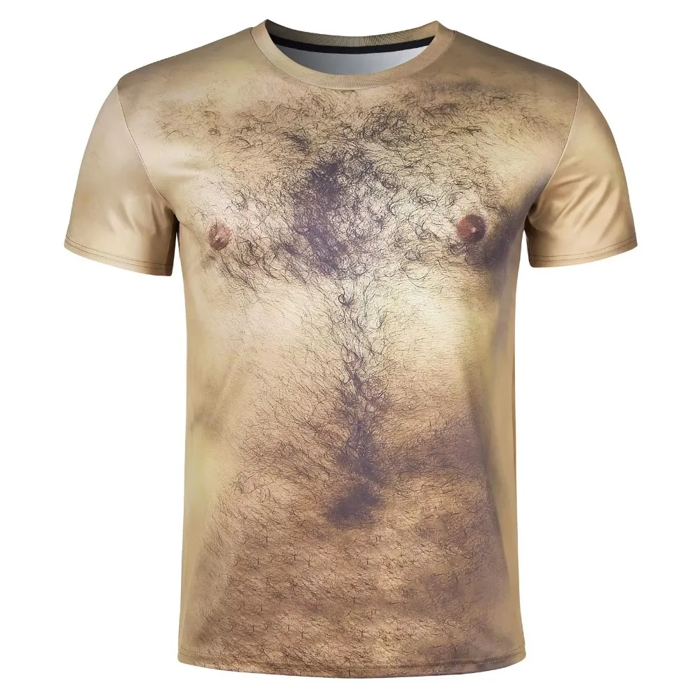 Novelty Illusion Fake Body 3D Print T‑Shirt Funny Hairy Chest Muscle Suit Graphic Short‑Sleeve Unisex Holiday Party Casual Tees