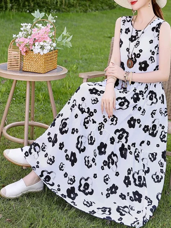 Summer New plus Size Floral Cotton Silk Dr Women's Strap Beach Skirt Svel Holiday Lightweight Long Dr