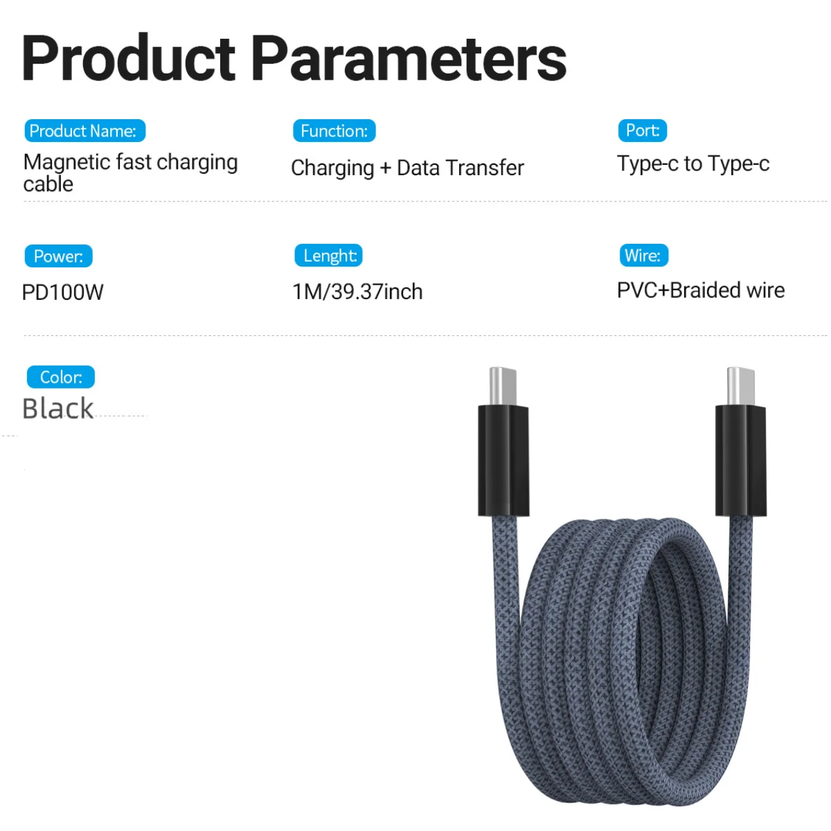 Magnetic Automatic Retractable Charging Data Cable 1M/2M PD 100W Type-C To USB-C Charging Cable For Mobile Phone，Tablet，Laptop
