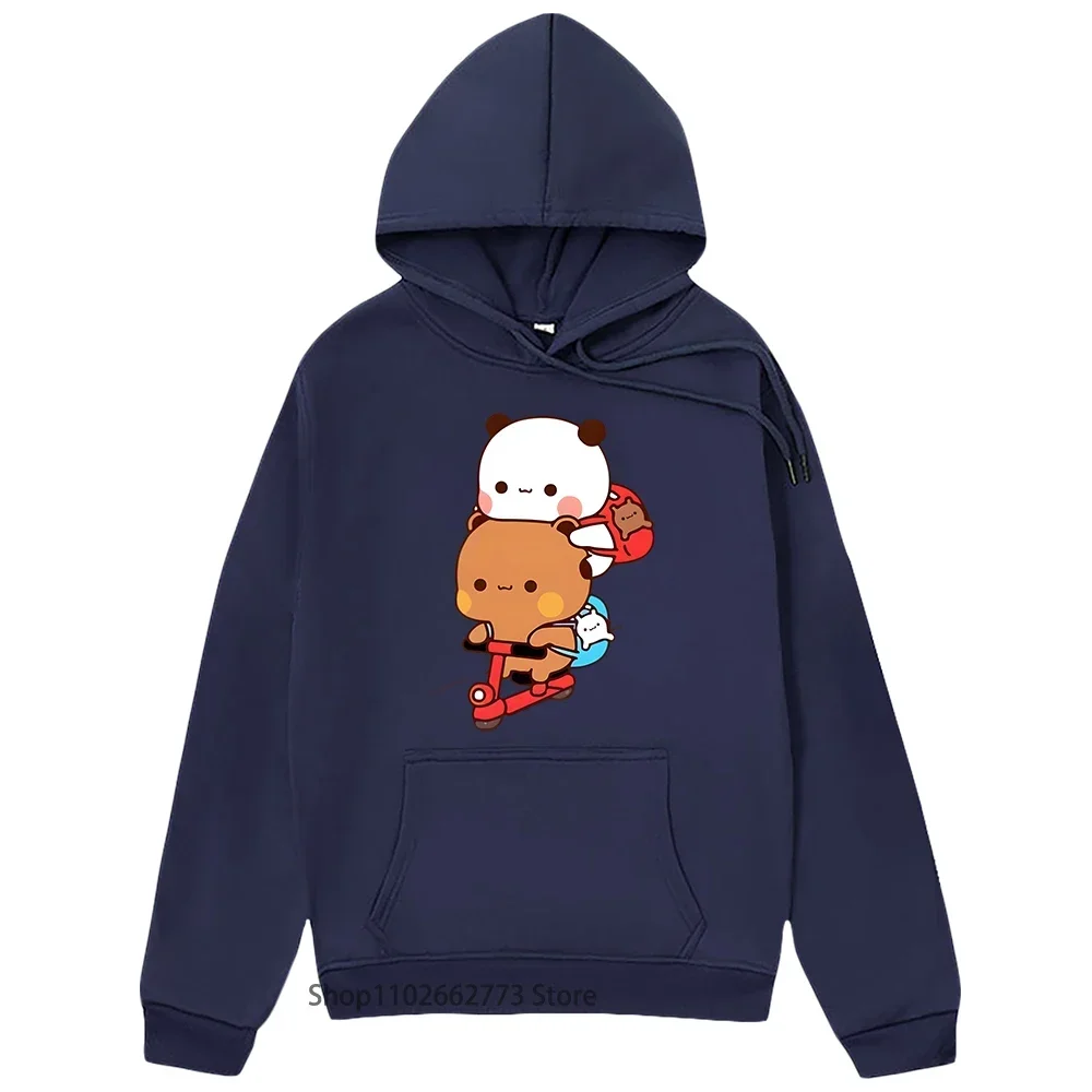 Panda and Brownie Bear Couple Bike Riding Hoodie Bubu and Dudu Print Kawaii Cute Women Long Sleeve Winter Plus Size Swaetshirt