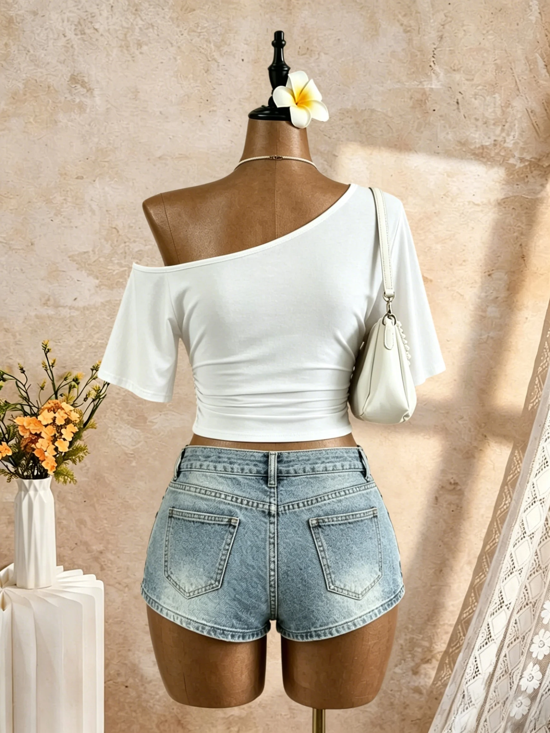 2 Pack Multi-color Women One Shoulder Short Sleeve Side Ruched Slim Fit Cropped T Shirt 2026 Summer Y2K Off Shoulder Going Out S