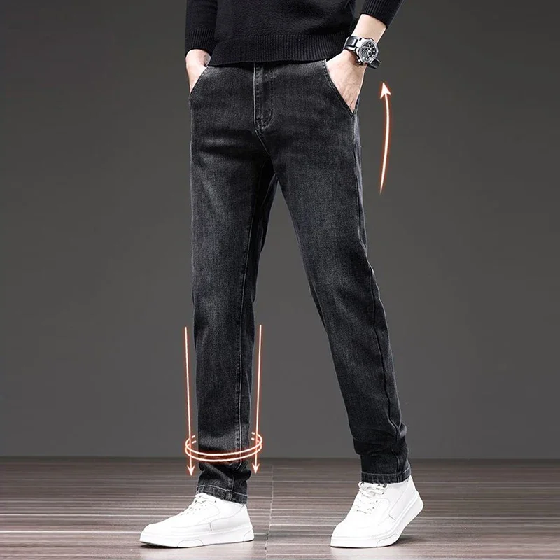 High End SLIM FIT Blackish กางเกงสีเทาผู้ชายข้อเท้าความยาวกางเกงความยืดหยุ่นพิมพ์กางเกงยีนส์ชายหลวมตรงแฟชั่น DENIM กางเกง