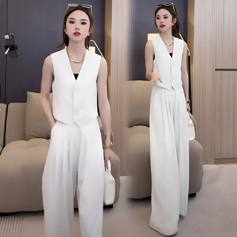 New Elegant Summer Two Piece Set Women High End Office Lady V-neck Sleeveless Vest + Wide Leg Pants Sets Women's Suit Fashion