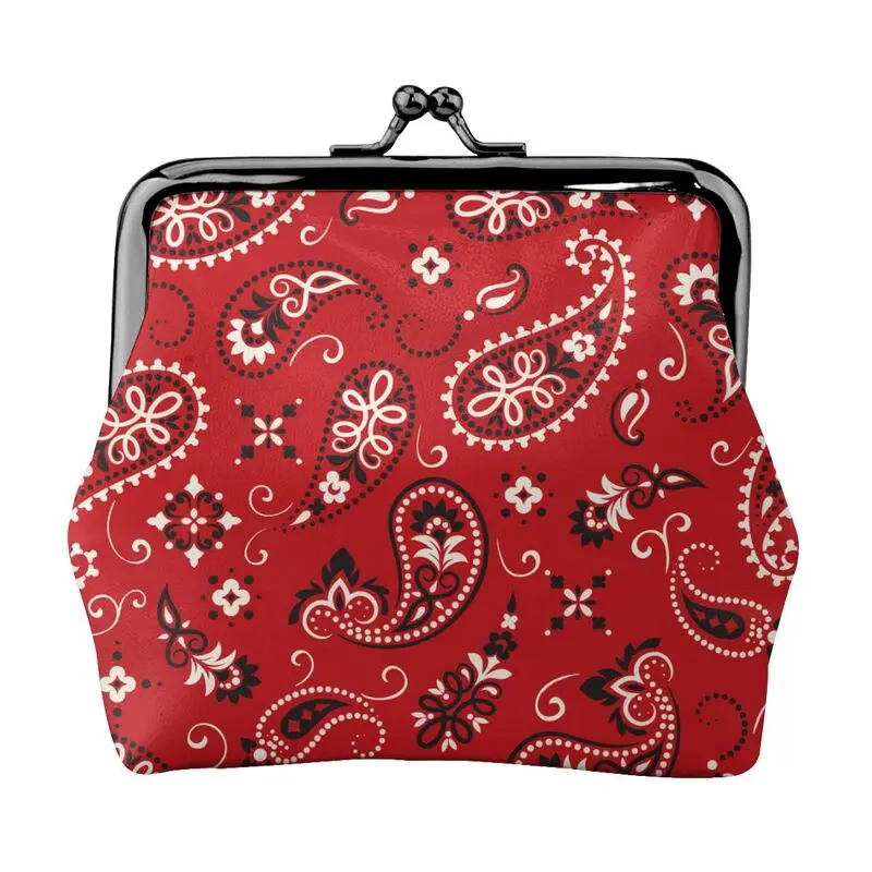 Custom Ethnic Bohemia Red Paisley Bandana Leather Coin Purse Small Kiss-Lock Change Pouch Clasp Closure Buckle Wallet for Women