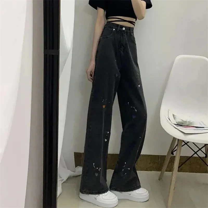 2025 Spring Sew Jeans Women's Black Painted Love Casual Straight Leg Mop Pants Woman High Waist Slimming Wide Leg Pants Trendy
