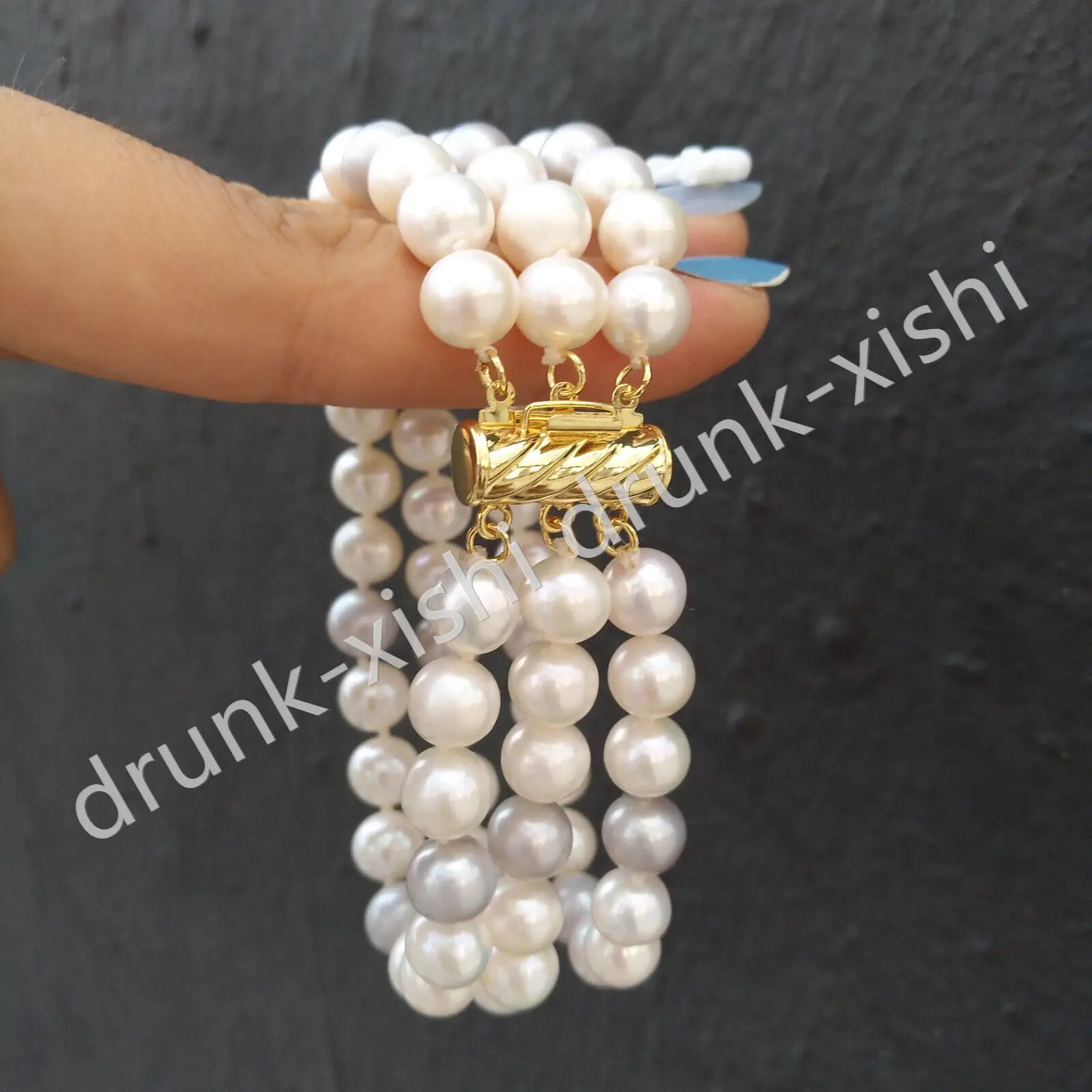 3 Rows Strand AAA+ 7-8mm South Sea Round Gray + White Natural Real Pearl Bracelet 7.5-8