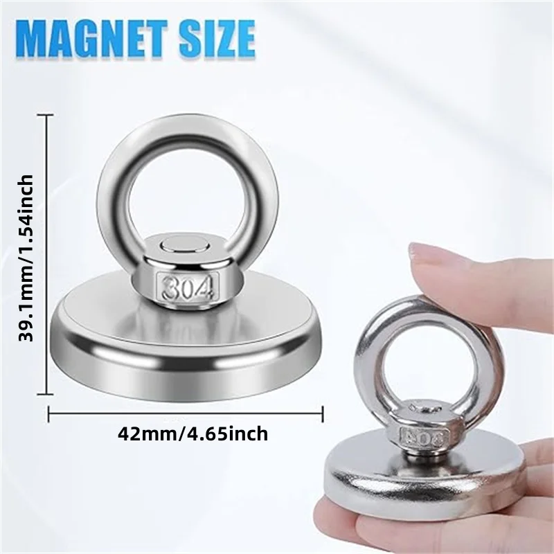 D42/48mm Heavy-Duty Magnetic Fishing Magnet for Underwater Salvage Fishing Magnet with Stainless Steel Hook Ring Eye Bolt Magnet