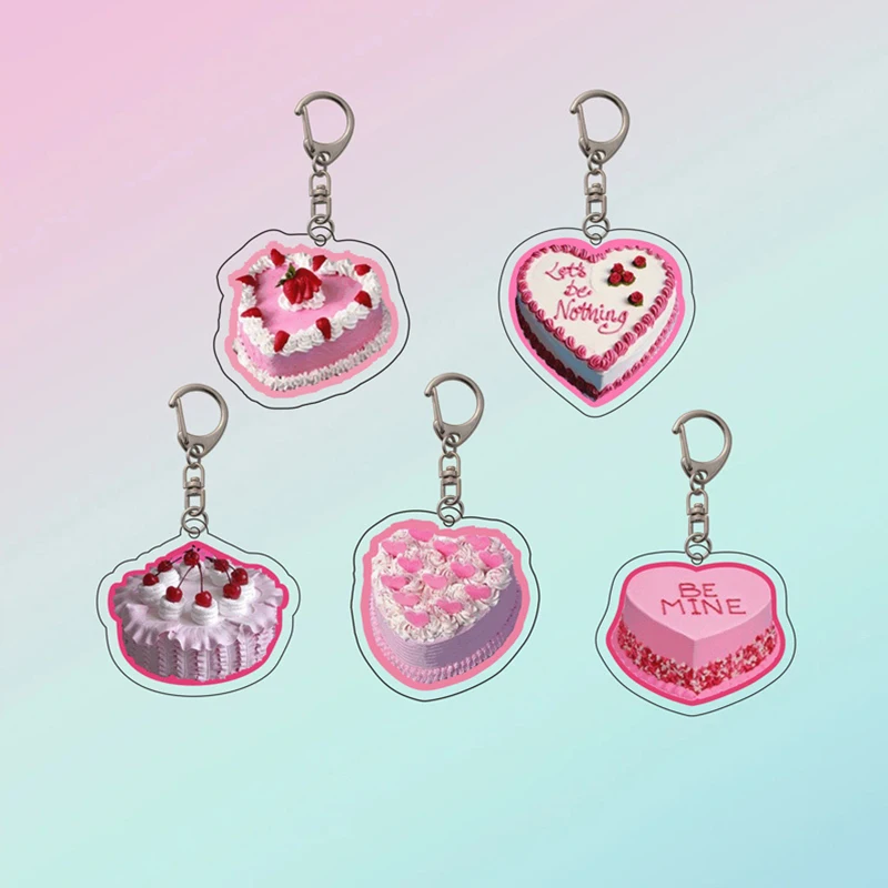 New Heart Shape Birthday Cake Keychain Acrylic Backpack Zipper Decorative Pendant Key Holders Car Bag Keyrings Jewelry Gifts