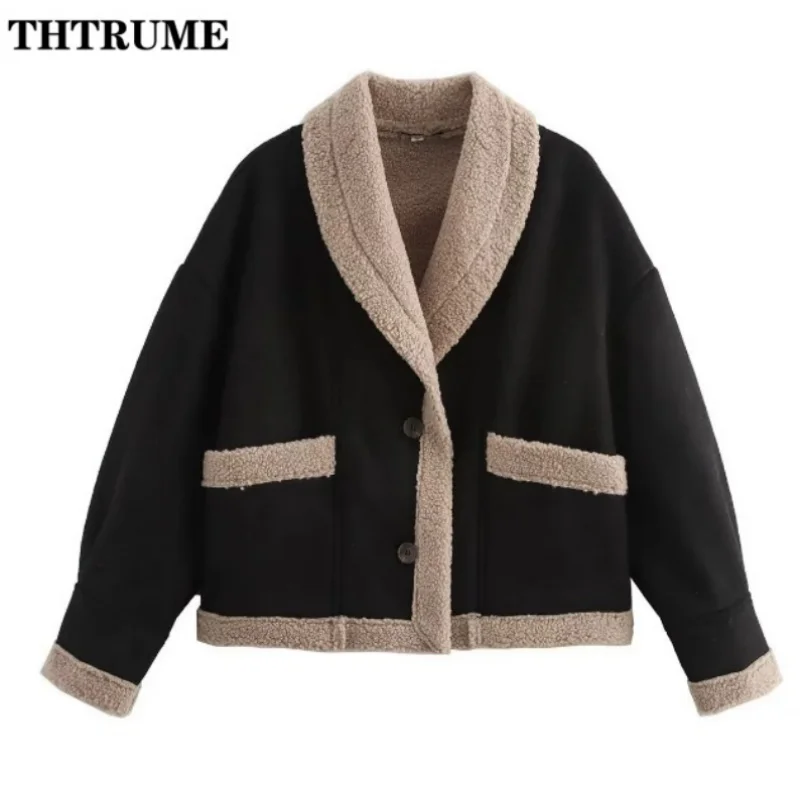 Elegant Fleece 2024 New Jacket Fashion Women Autumn Long Sleeve Lapel Single Breasted Coats Casual Lamb Fur Communte Jackets