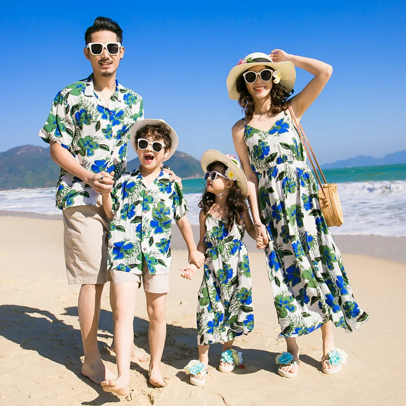 Family Matching 4 Pack Outfits Sundress for Mother Daughter Printed Shirt Shorts Set for Father Son Beach Holiday Coordinates