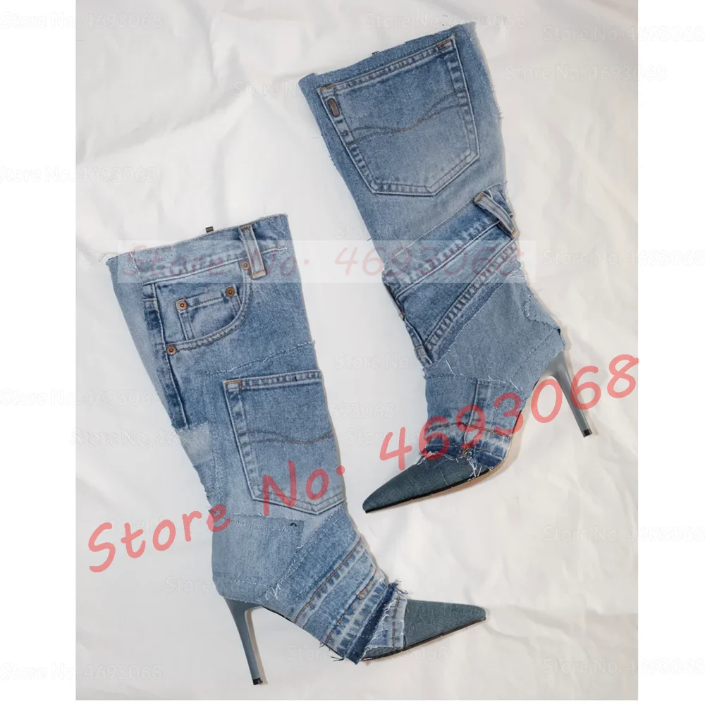 Patchwork Denim Knee High Heels Boots Women Stylish Pointy Toe Pocket Decor White Cowboy Tall Boots Side Zipper Sewing Shoes