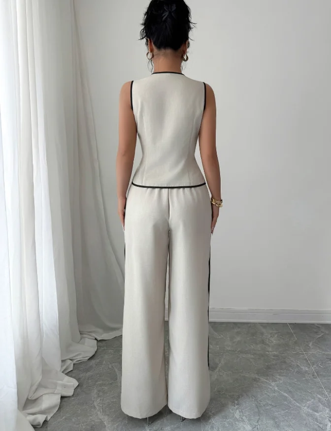 새로운 여성 우아한 버튼 조끼 & 와이드 레그 팬츠 세트, 여성 여름 패션 투피스 캐주얼 세트