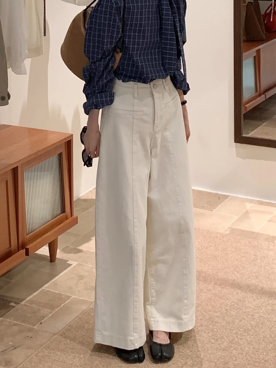 

Белые джинсы с высокой талией и прямыми штанинами, женские широкие брюки средней длины, повседневные, универсальные, на все сезоны, бренд BRIVIN