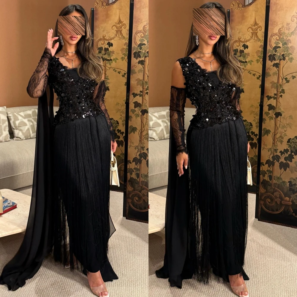 

Customized Simple Chiffon O-Neck Evening Dress Delicate Sequined Prom Dresses Luxury Watteau Train Special Occasion Gowns