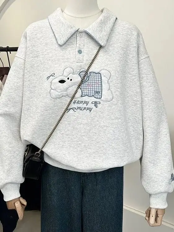 Plus Size Fce Foderato Thiened Lungo Sve Felpa ricamata Vestibilità ampia Autunno Inverno Felpa con cappuccio casual per cani da cartone animato da donna