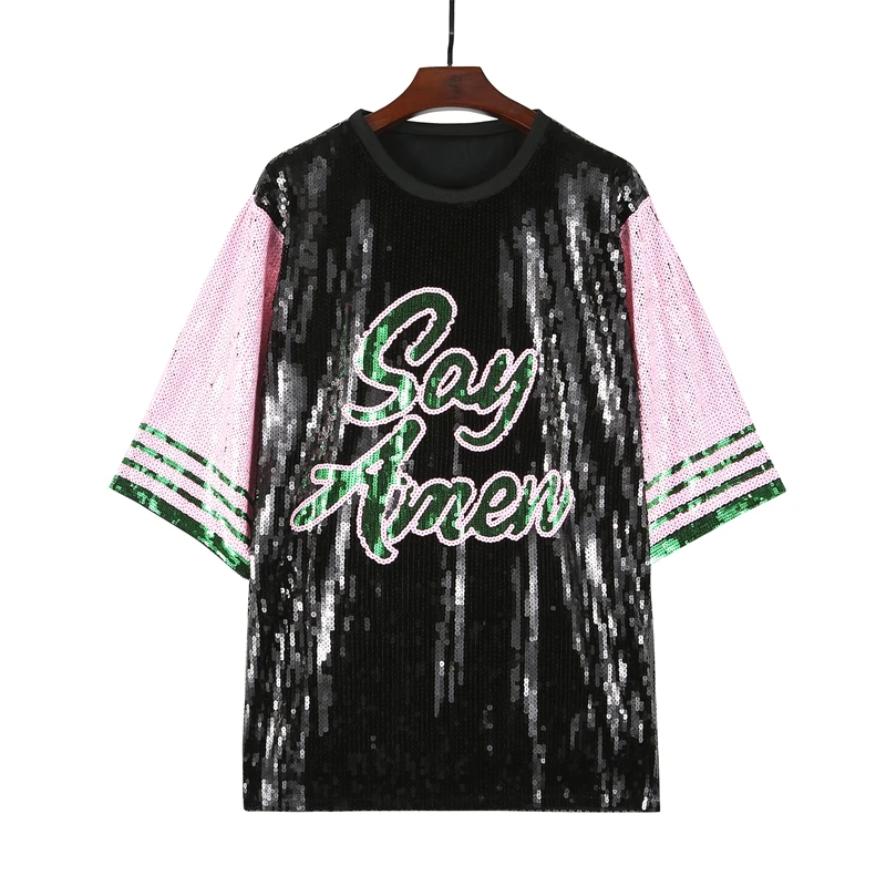 

Sequin Embroidery Striped Letter Summer New Round Neck Short Sleeve Women's Loose Straight Streetwear Hip Hop T-Shirt