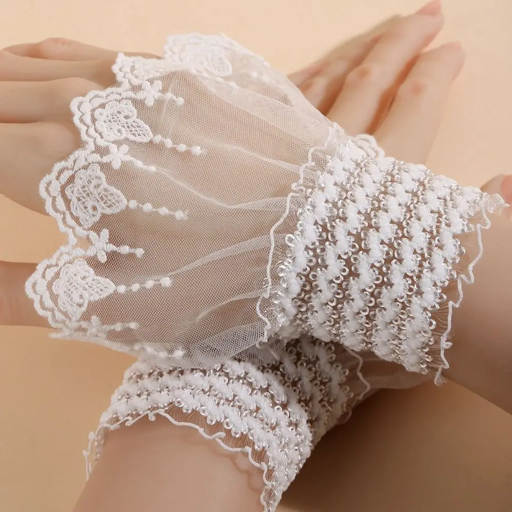 

Gift Double Layer Lace Fake Cuffs Pleated Flower Horn Cuffs Decoration Elastic Detachable Lace Sleeve Photo Prop