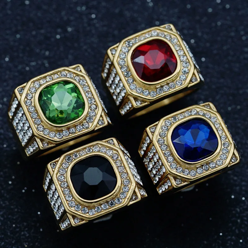 

Luxury Bling Gemstones Stainless Steel Rings for Men 18K Gold Filled Titanium Finger Bands Red Blue Zircon Diamonds Jewelry Gift