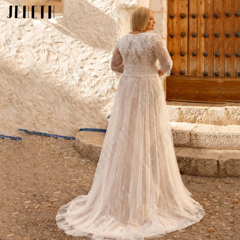 JEHETH Exquisite Wedding Dresses Plus Size For Woman 3/4 Sleeves V-Neck Bride Gowns Lace Applique A-Line Boho vestidos de novia