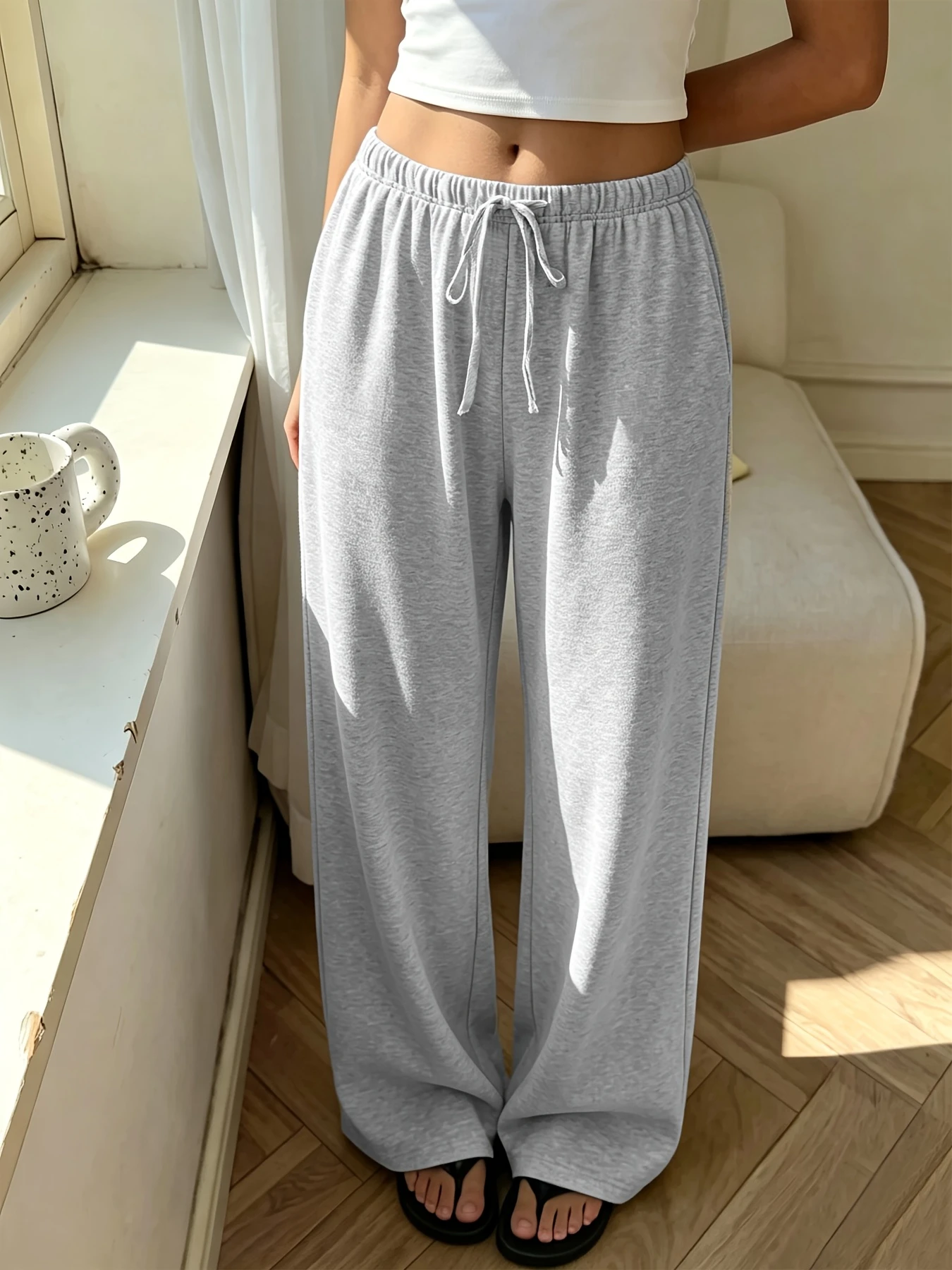Fashion Low-Rise Elastic Waist Pocket Loose Wide-Leg Pants, Drapey Fitness Casual Yoga Trousers Full Length Women