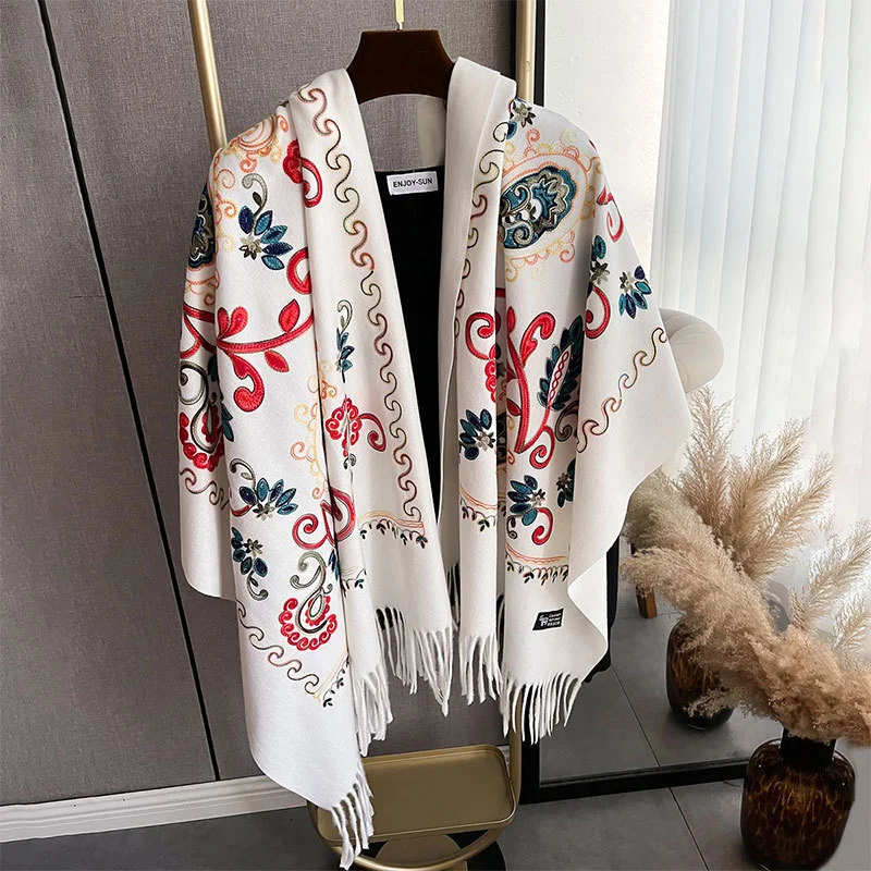 Autumn and Winter Travel Warm Cashmere Shawl Scarf Fashion Women Embroidery Print Pashmina Blanket Wraps Female Poncho Bufanda