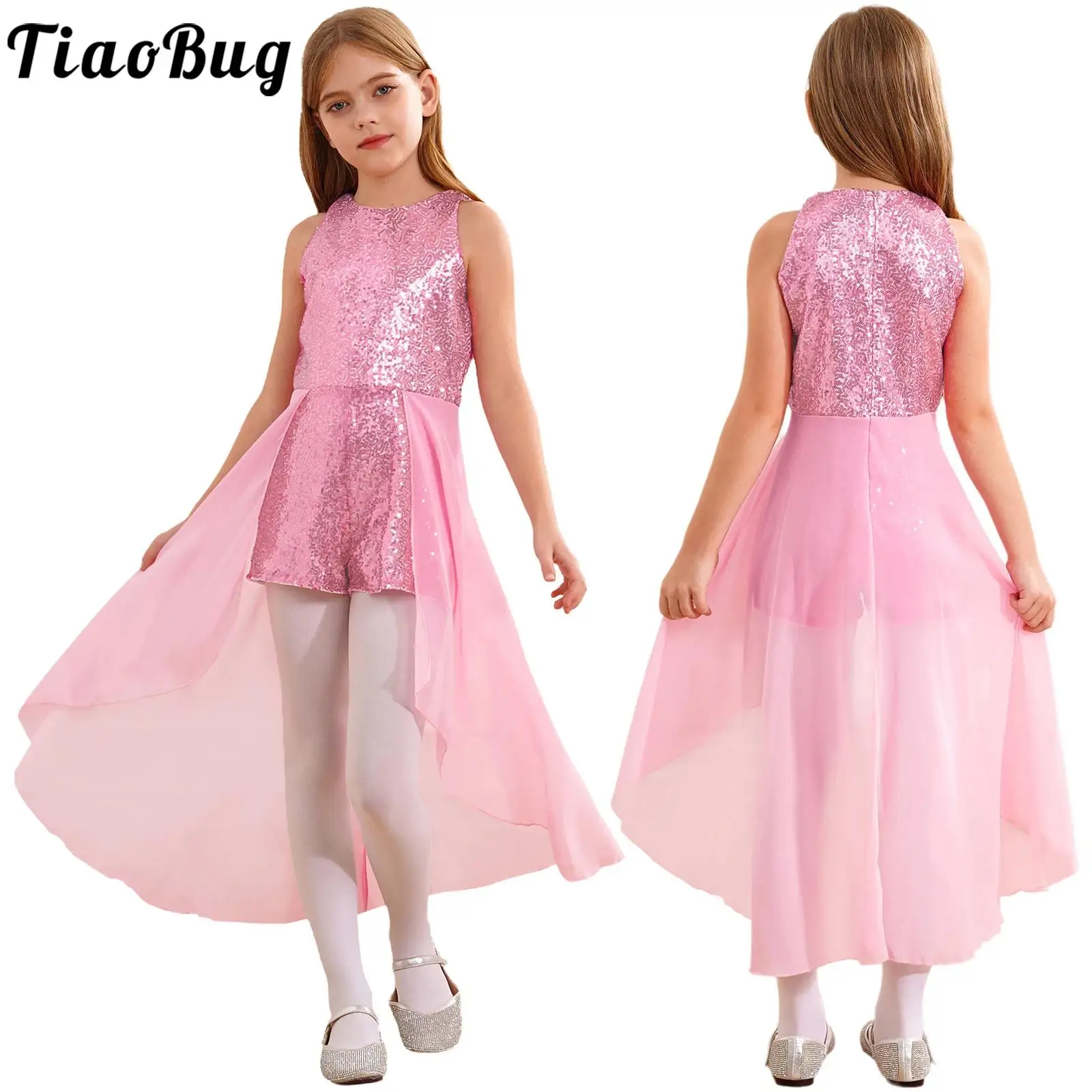 

Kids Girl Sequined Chiffon Overlay Romper Dress Sleeveless Birthday Prom Party Jumpsuit Ballet Lyrical Dance Performance Costume