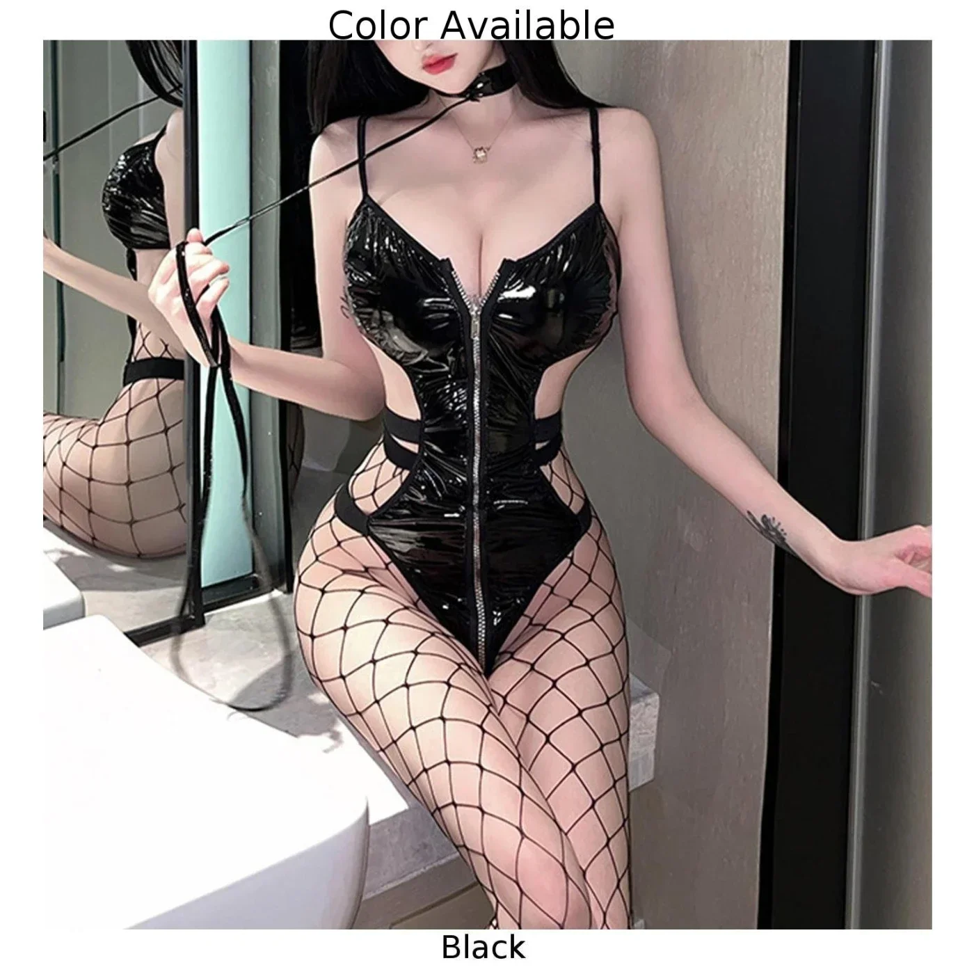 Women\'s Sexy Lingerie PU Leather Zip Role Play Cosplay Costumes Uniform Suspender Bodysuit +Mesh Stockings Set Nightwear