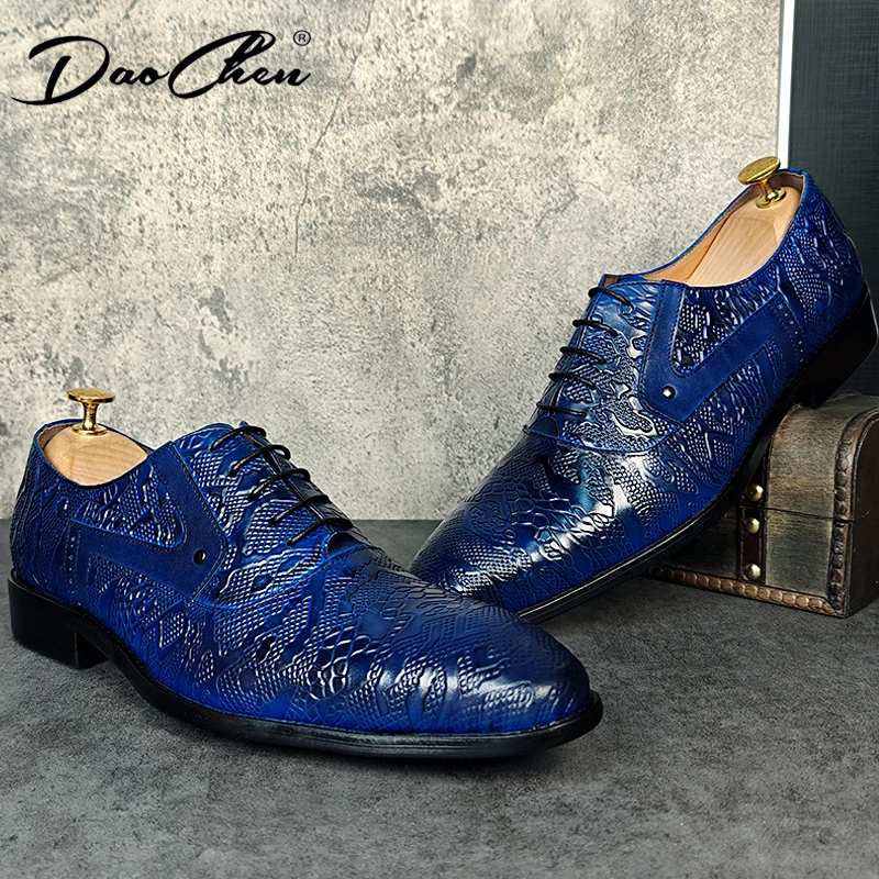 Luxury Brand Men Oxford Shoes Lace-up Pointed Toe Blue Casual Dress Man Shoe Flowers Print Genuine Leather Shoes For Men