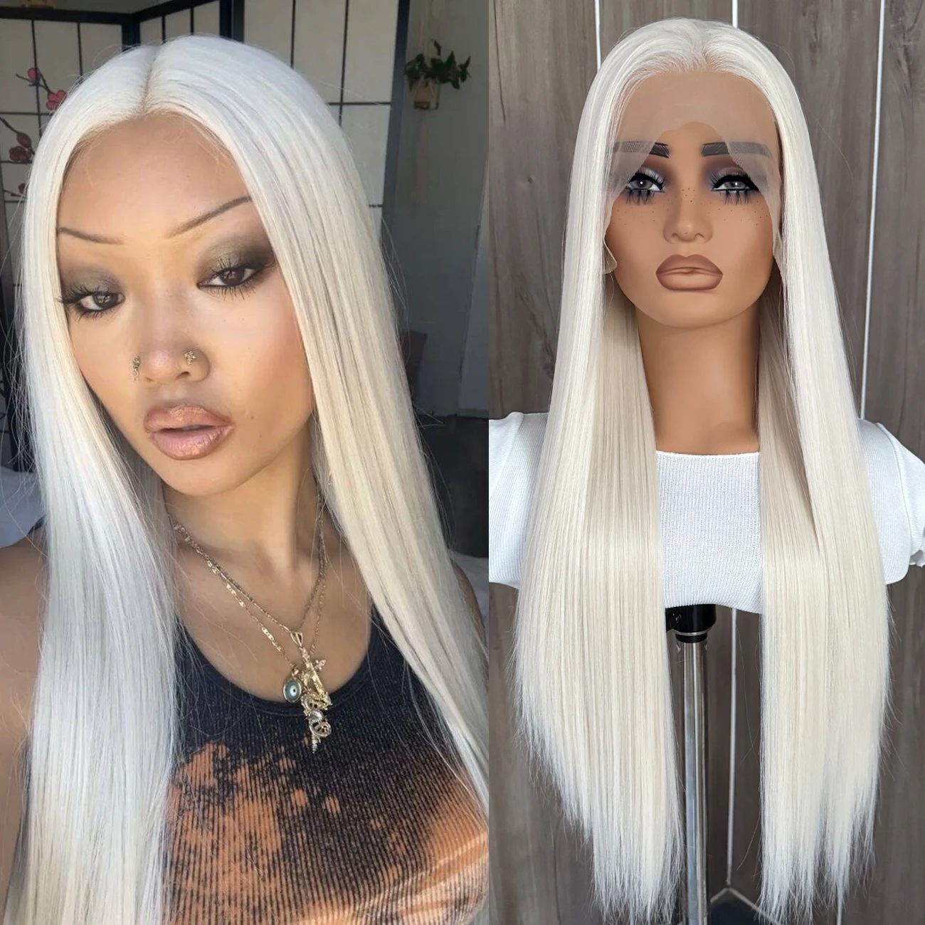 

Платиновый блондин парик шнурка Длинный шелковистый прямой синтетический парик фронта шнурка 13x4 Парики из натуральных волос для женщин 60-цветные кружевные волосы