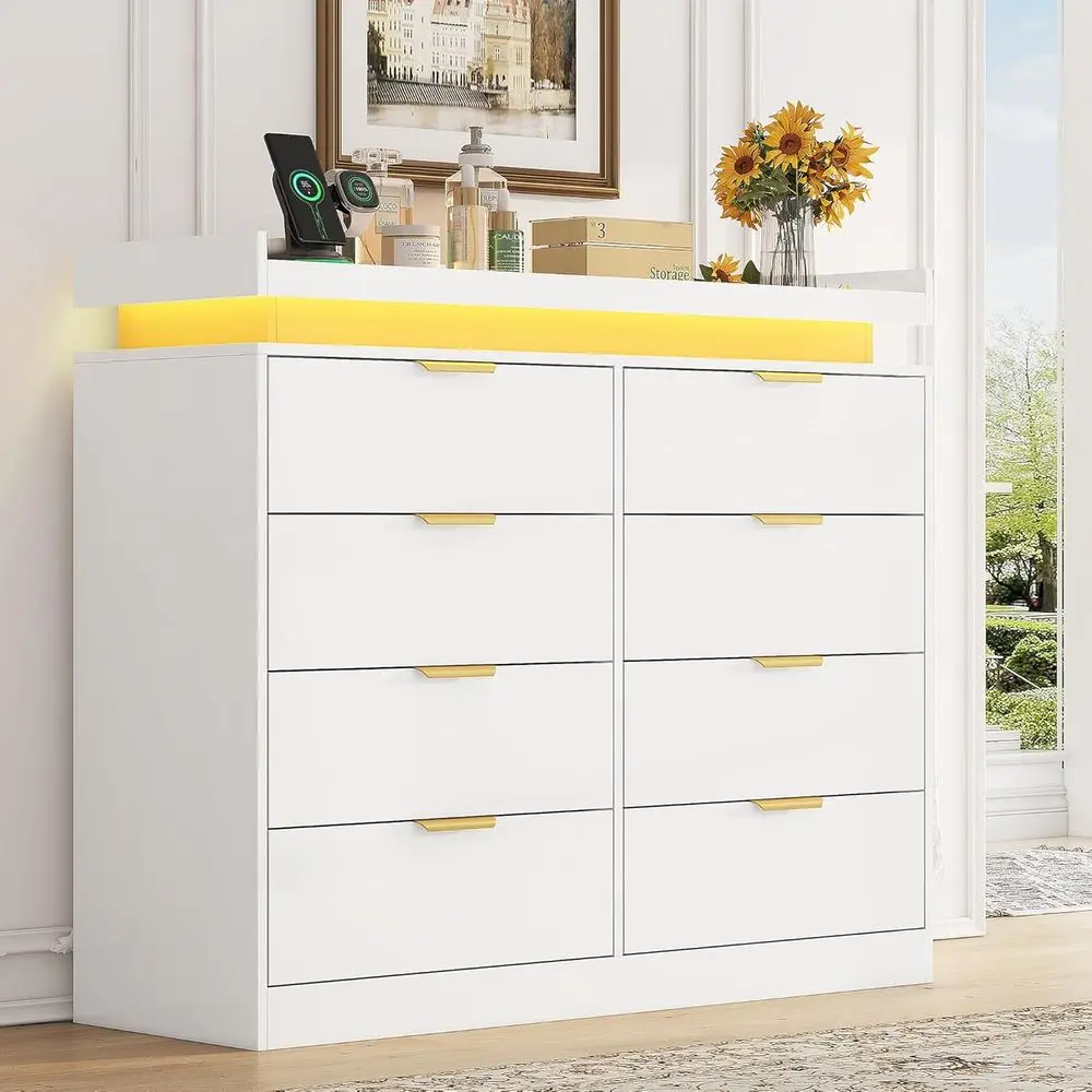 Double Wide Bedroom Dressers with LED Lights and Power Outlets, Wooden Chests for Storage