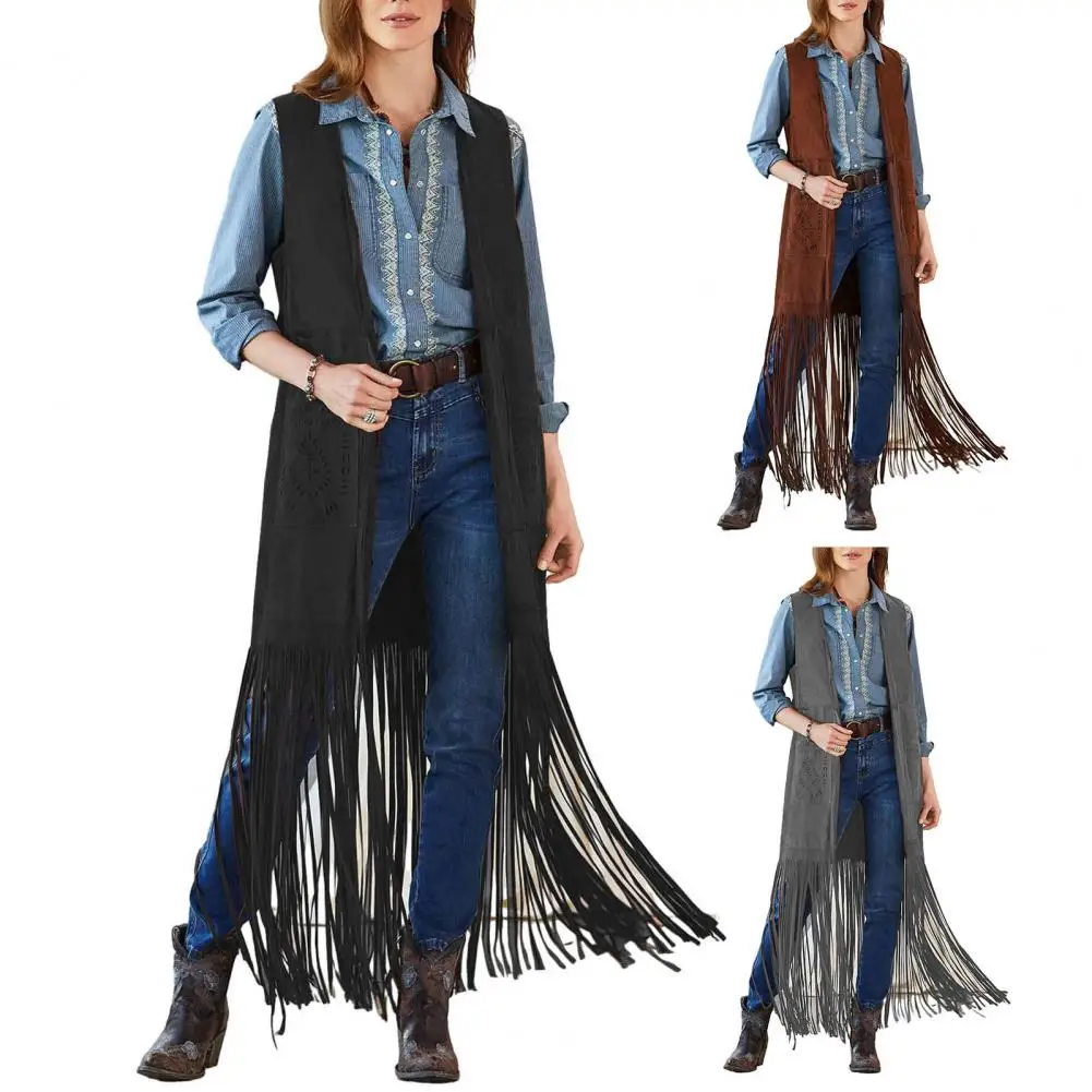 1Pc Open Front Women Vest Fringe Long Tassel Sleeveless 70s Cardigan Loose Patch Pocket Cowboy Cosplay Waistcoat for Lady