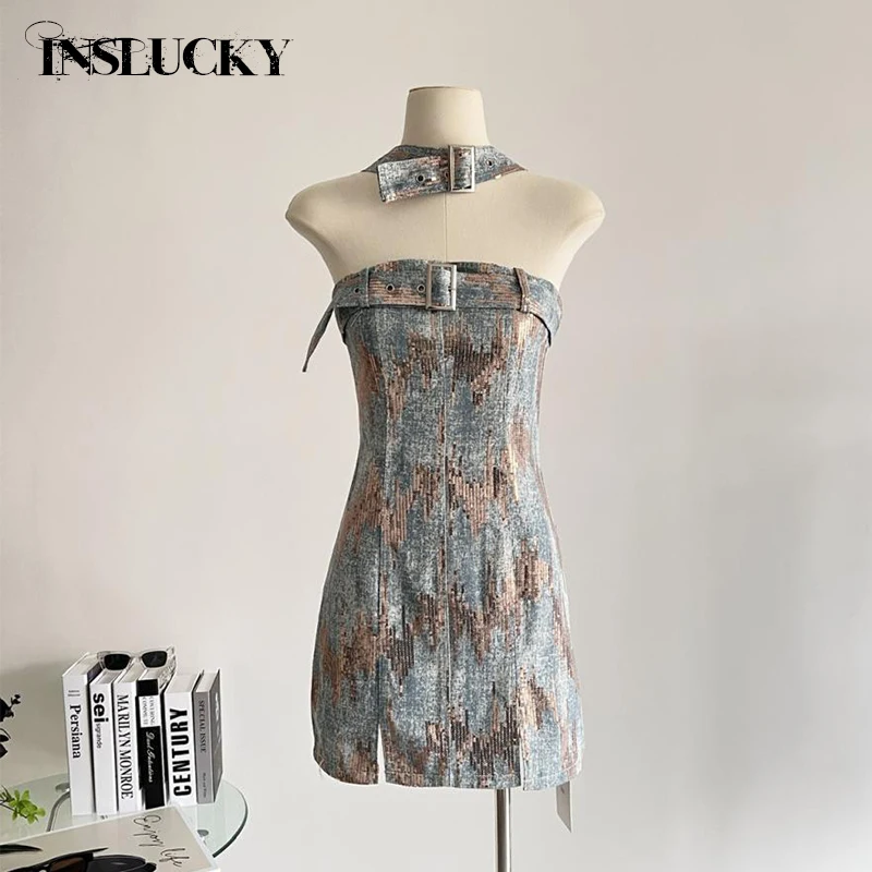 

InsLucky Luxury High-end Denim Dress Women Sequins Denims Halter Strapless Slim Elegant Partywear Dress Sexy Fashion Streetwear