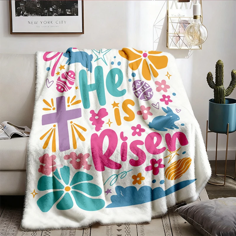 He Is Risen Flannel Blanket, Retro Christian Easter Flannel Throw, Floral Boho Religious Jesus Cozy Blanket