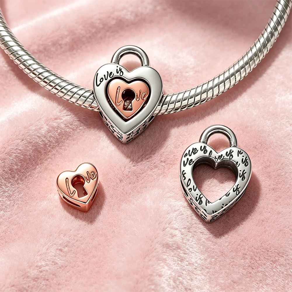 Silver Plated Charm Bead, Heart Lock Design With Rose Gold 'Love Is Love' Accent Bead Fits European Bracelet Nice Romantic