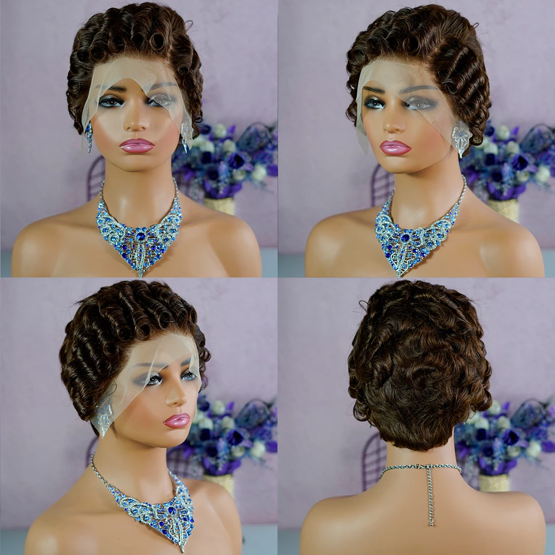 Perruque brésilienne Remy coupe Pixie sans colle pour femme, cheveux crépus bouclés, coupe courte Pixie, afro, perruque Lace Frmetals, cheveux humains, brun foncé, 13x4