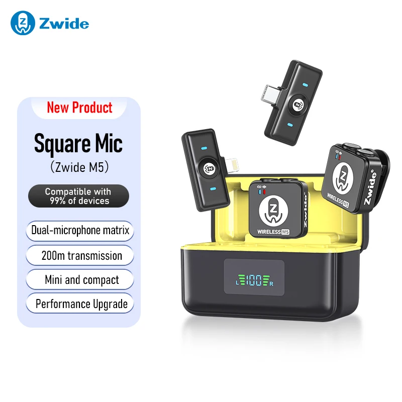 Zwide M5 small square wireless lavalier microphone for mobile live streaming, professional level outdoor vlog interviews, noise