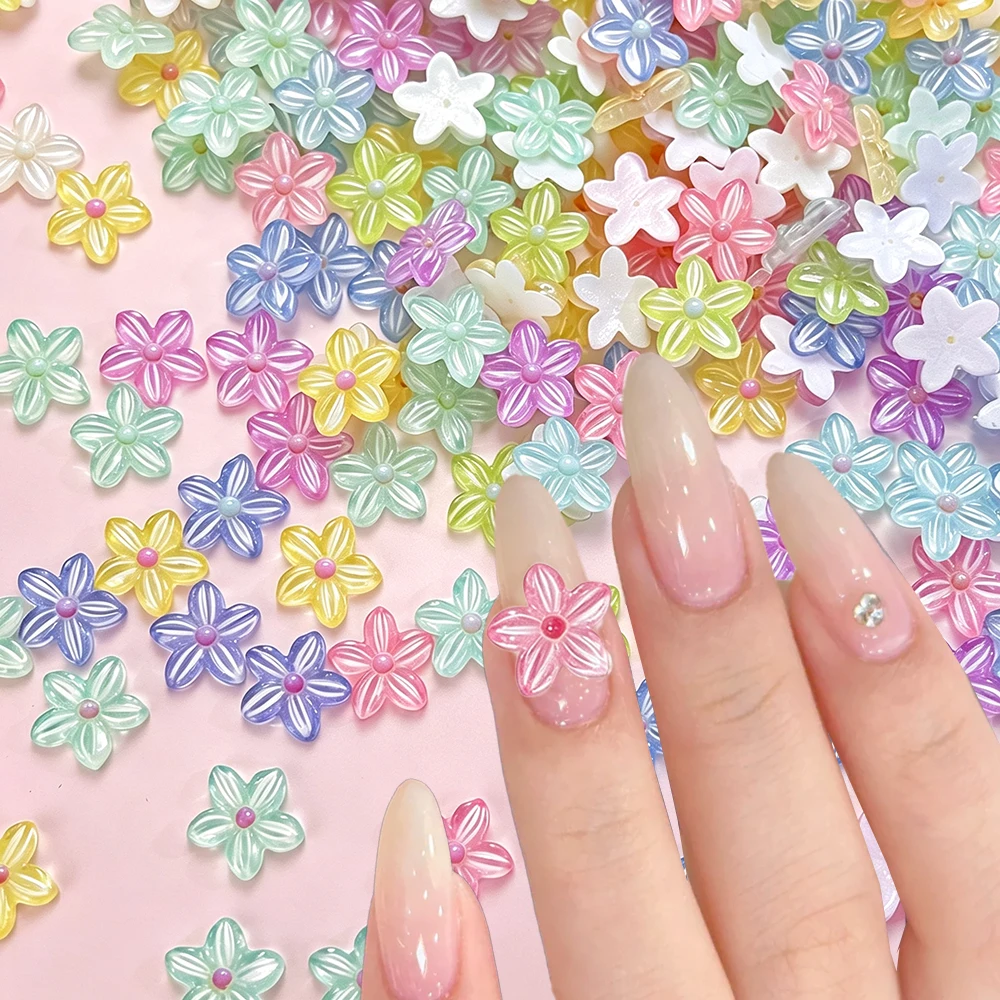 50pcs Cute Resin Flower Nail Charms 3D Mixed Ice Translucent Five-petaled Floral Nail Art Decoration Summer Fresh Manicure Decor