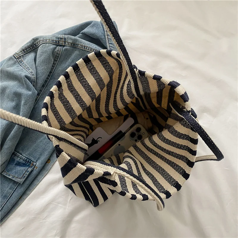 Vintage Art Handbag Simple Small Fresh Striped Shoulder Bag Casual Fashion Large Capacity Shopping Bag