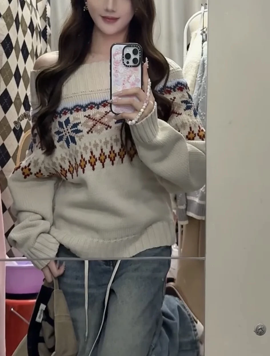 

Retro Fair Isle Knit Thi Needle One oulder Loose Sweater Women's Autumn Winter Long Sve Warm Bicolor Design Top