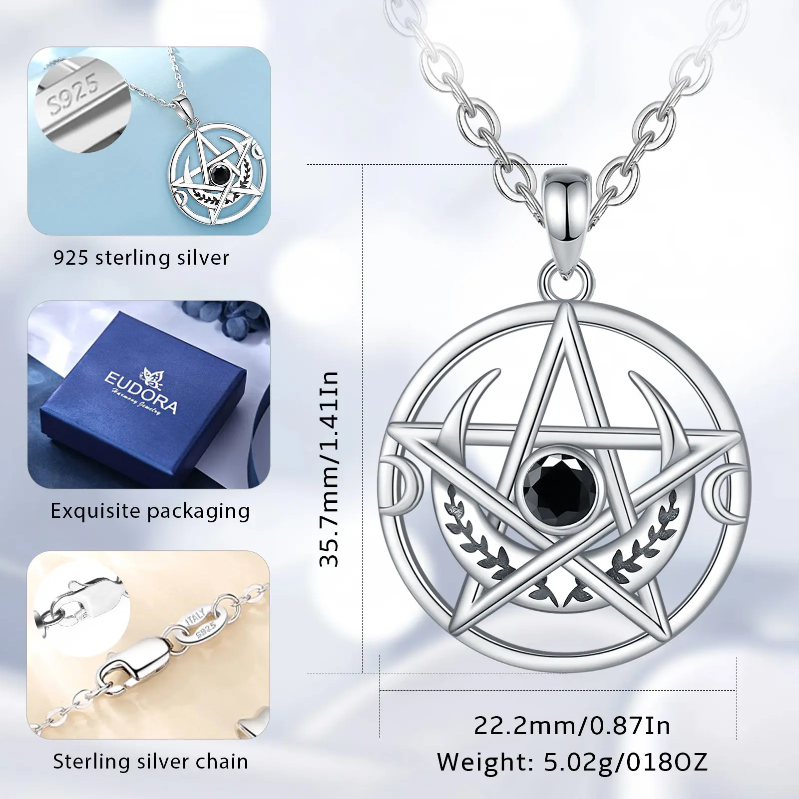 Eudora 925 Sterling Silver Witch Pentagram Necklace for Man Women Moon Peace Amulet Pendant Tetragrammaton Jewelry Wicca Gift