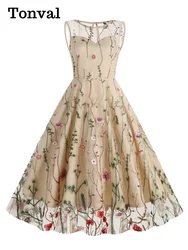 Tonval Floral Embroidered Mesh Overlay Vintage Long Dresses for Women High Waist Birthday Party Elegant Summer Dress
