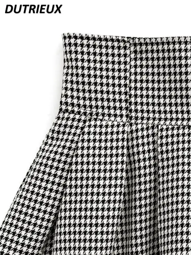 Herbst und Winter Neuer japanischer süßer kurzer Rock mit hoher Taille und Hahnentrittmuster, gefüttert mit Rüschenrand und Reißverschluss, A-Linien-Miniröcke